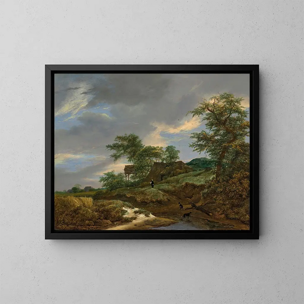 Metsäinen maisema miehestä ja kahdesta koirasta polulla, mökki taustalla - Jacob van Ruisdael — kehystetty taideteos seinällä