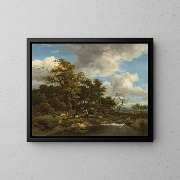Un paysage fluvial boisé avec des bergers et leur troupeau - Jacob van Ruisdael — kehystetty taideteos seinällä
