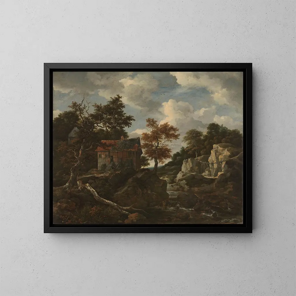 Kallioinen maisema - Jacob van Ruisdael — kehystetty taideteos seinällä