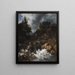 Cascade avec une maison à colombages et un château - Jacob van Ruisdael — kehystetty taideteos seinällä