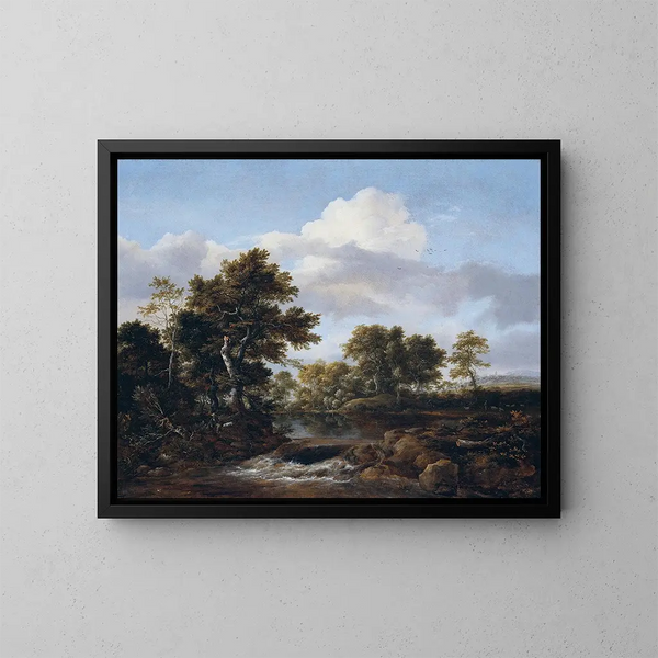 Metsäinen maisema joen kanssa - Jacob van Ruisdael — kehystetty taideteos seinällä