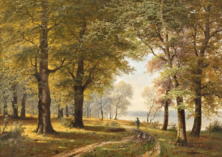 Jacobus Johannes van Poorten - A forest path with hiker in autumn.webp