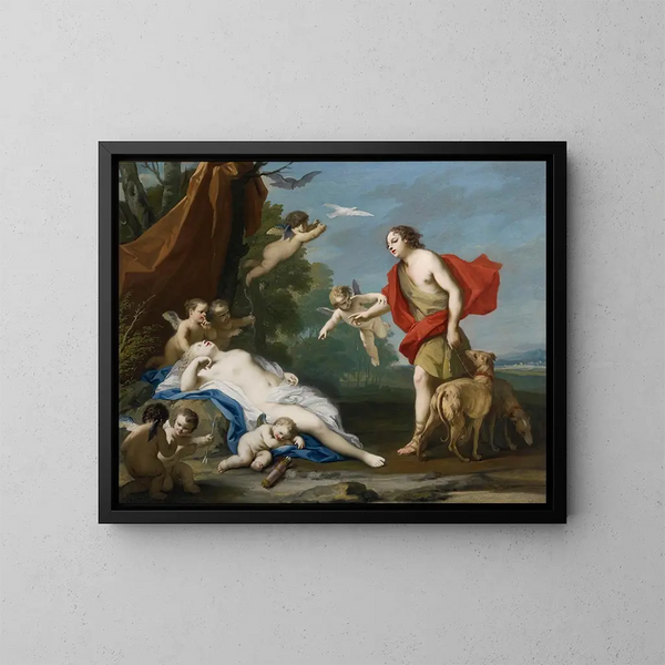 Venus ja Adonis - Jacopo Amigoni — kehystetty taideteos seinällä