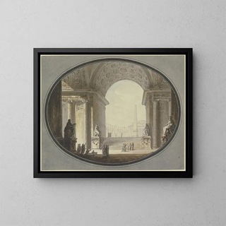 Näkymä holvikaareen ja laatikoihin, inspiroituneena Rooman Pyhän Pietarin aukiosta, huipulla rakennus, joka muistuttaa Rooman pantheon. - Jacques-François Blondel — kehystetty taideteos seinällä