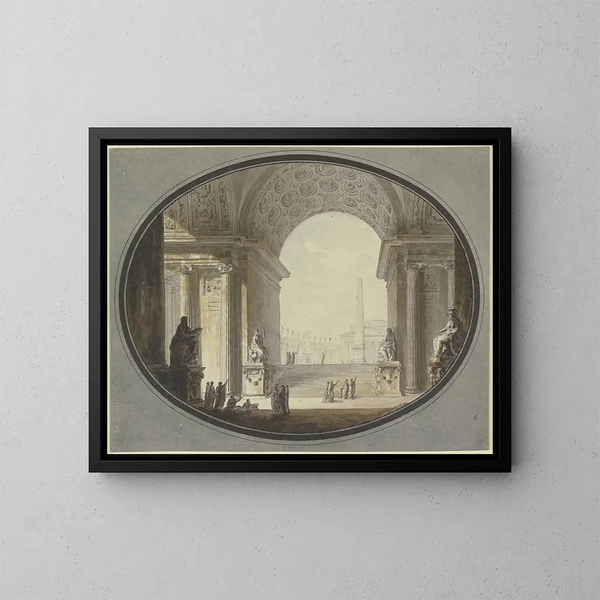 Näkymä holvikaareen ja laatikoihin, inspiroituneena Rooman Pyhän Pietarin aukiosta, huipulla rakennus, joka muistuttaa Rooman pantheon. - Jacques-François Blondel — kehystetty taideteos seinällä