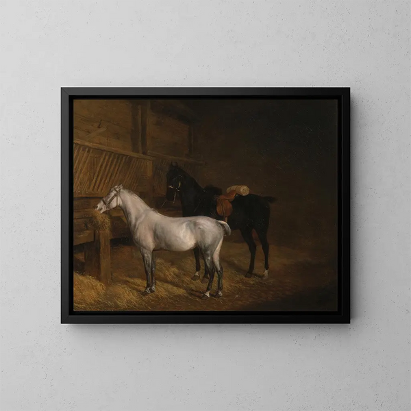 Harmaa poni ja musta hevonen tallissa - Jacques-Laurent Agasse — kehystetty taideteos seinällä
