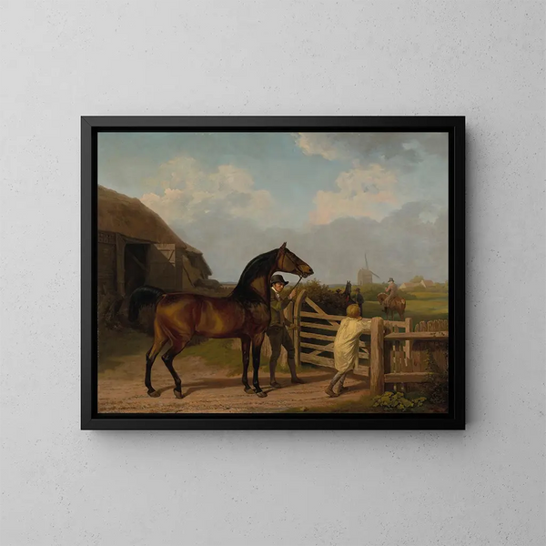 Un étalon conduit à travers une porte vers une jument - Jacques-Laurent Agasse — kehystetty taideteos seinällä
