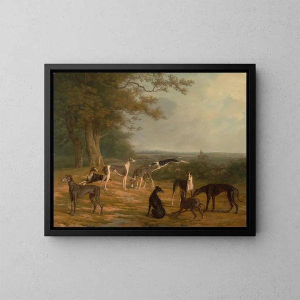 Uudet greyhoundit maisemassa - Jacques-Laurent Agasse — kehystetty taideteos seinällä