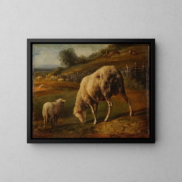 Moutons et brebis au pâturage - Jacques-Raymond Brascassat — kehystetty taideteos seinällä