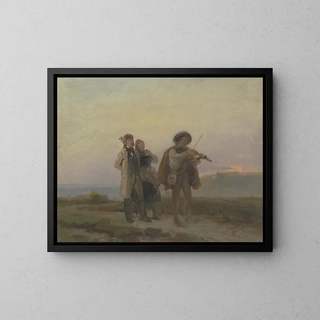 Promenade du soir, violoniste et couple de paysans dans les champs - Jakob Becker — kehystetty taideteos seinällä