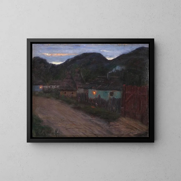 Rue de village nocturne - Jakob Koganowsky — kehystetty taideteos seinällä