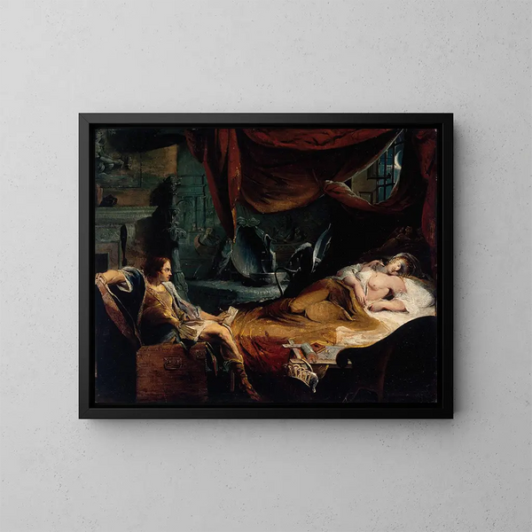 Iachimo nousee esiin arkun sisältä Imogène- huoneessa - James Barry — kehystetty taideteos seinällä
