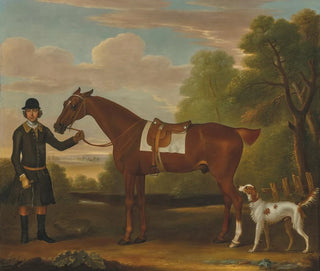 James Seymour - Lord Portmores Snap a saddled chestnut hunter held by a groom with a setter in a landscape.webp