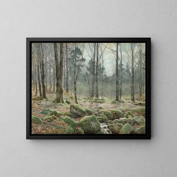 Auringonpaisteinen maalauksellinen huhtikuun aamu Betws-y-Coedissä, Pohjois-Wales - James Thomas Watts — kehystetty taideteos seinällä