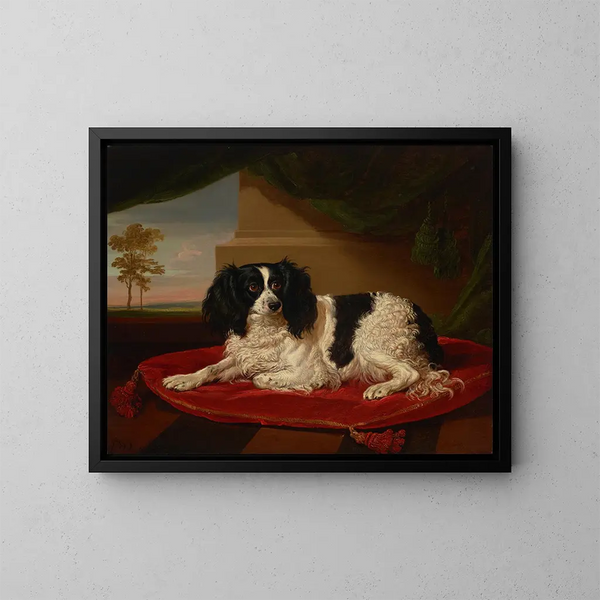 Un épagneul King Charles sur un coussin rouge - James Ward — kehystetty taideteos seinällä
