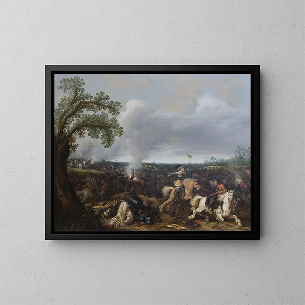 Ruotsin kuningas Kustaa II Aadolf Lützenin taistelussa, 16. marraskuuta 1632 - Jan Asselijn — kehystetty taideteos seinällä