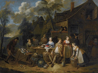 Jan Baptist Lambrechts - An Elegant Company In A Landscape Amongst Different Fruits And Vegetables A Man With A Wheelbarrow Entering From The Left.webp