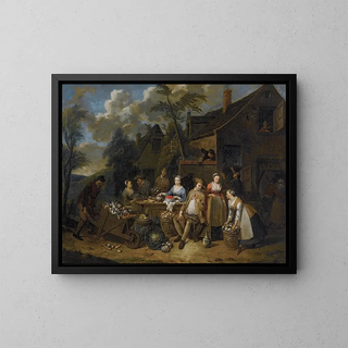 Jan Baptist Lambrechts - An Elegant Company In A Landscape Amongst Different Fruits And Vegetables A Man With A Wheelbarrow Entering From The Left.webp