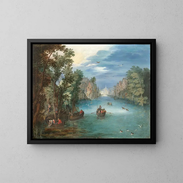 Vesistömaisema elävillä hahmoilla - Jan Brueghel nuorempi — kehystetty taideteos seinällä