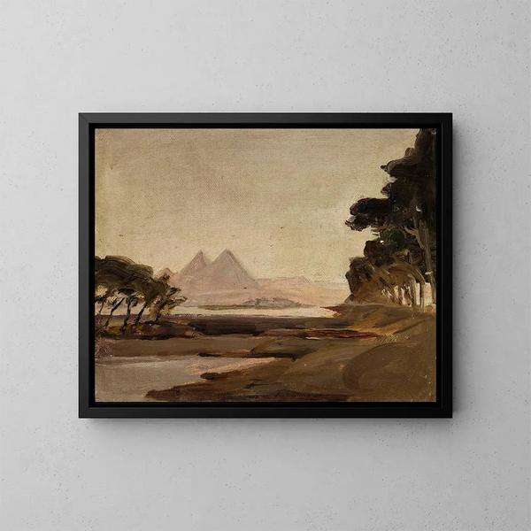 Näkymä pyramideista Egyptin matkalla - Jan Cybis — kehystetty taideteos seinällä