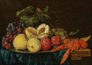 Jan Davidsz de Heem - Fruit on a silver platter with lobsters on a partially draped table.webp