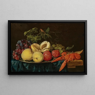 Jan Davidsz de Heem - Fruit on a silver platter with lobsters on a partially draped table.webp