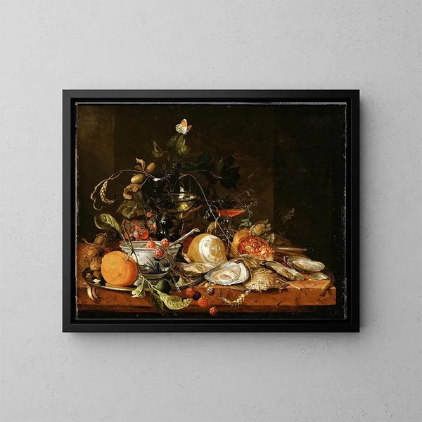 Luontokuva kuolleesta luonnosta viinin, hedelmien ja osterien kanssa - Jan Davidsz de Heem — kehystetty taideteos seinällä