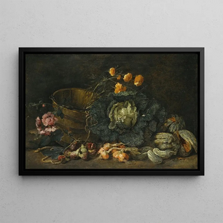 Jan Fyt - Still Life With Onions Figs Cucumbers A Cabbage And Some Flowers Arranged On The Floor Next To A Wooden Tub.webp