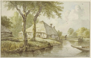 Jan Hulswit - Bei zwei Bumen ein Haus am Wasser ein Steg rechts die Spitze eines Kahnes.webp