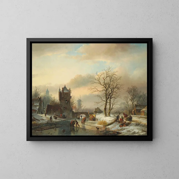 Patineurs sur une rivière gelée - Jan Jacob Spohler — kehystetty taideteos seinällä