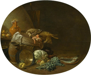 Keittiön still life -maalaus jäniksestä, ankasta, artisokista, kaalista, päärynöistä, kalasta saviastialla ja kattiloista - Jan Olis — näkymä teoksesta
