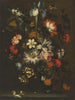Un iris, des œillets, des roses et d'autres fleurs dans un vase en verre sur un rebord avec des papillons - Jan Pieter Brueghel — näkymä teoksesta