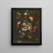 Un iris, des œillets, des roses et d'autres fleurs dans un vase en verre sur un rebord avec des papillons - Jan Pieter Brueghel — kehystetty taideteos seinällä