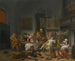 Taverna-tilan ihmisten juodessa ja musiikkia soittaen - Jan Steen — näkymä teoksesta