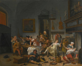 Taverna-tilan ihmisten juodessa ja musiikkia soittaen - Jan Steen — näkymä teoksesta