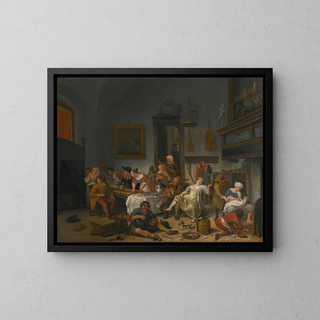 Taverna-tilan ihmisten juodessa ja musiikkia soittaen - Jan Steen — kehystetty taideteos seinällä