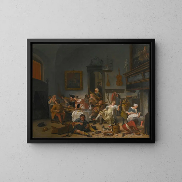 Taverna-tilan ihmisten juodessa ja musiikkia soittaen - Jan Steen — kehystetty taideteos seinällä