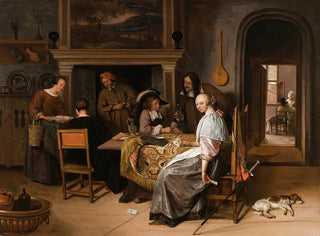 Elegantti yritys sisätiloissa, jossa hahmot pelaavat korttia pöydässä - Jan Steen — näkymä teoksesta
