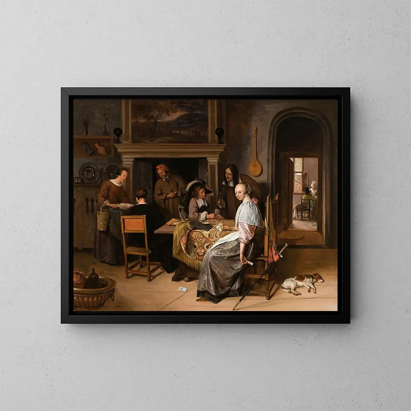 Elegantti yritys sisätiloissa, jossa hahmot pelaavat korttia pöydässä - Jan Steen — kehystetty taideteos seinällä