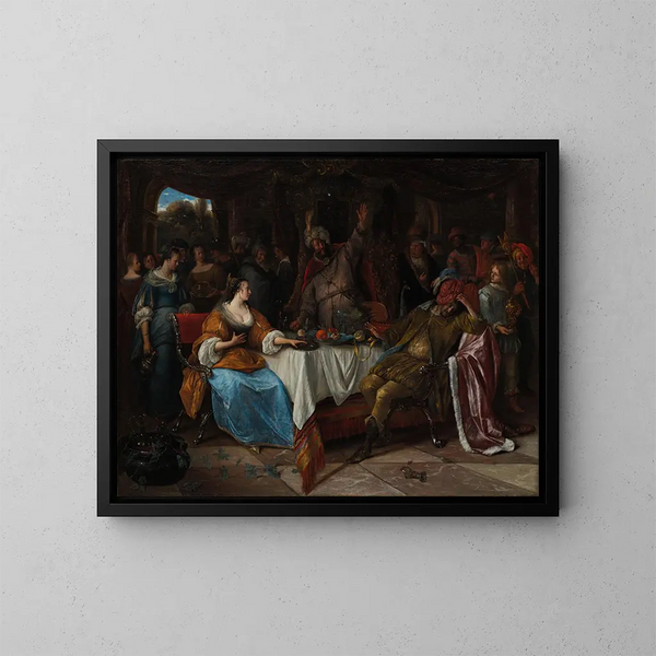 Esther, Assuérus ja Haman - Jan Steen — kehystetty taideteos seinällä