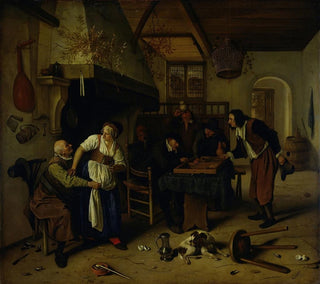 Sisämaalaus majatalosta vanhuksen hauskanpitoon talon emännän kanssa ja kahden miehen backgammon-peliin, joka tunnetaan nimellä Kaksi erilaista peliä - Jan Steen — näkymä teoksesta