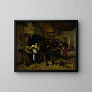 Sisämaalaus majatalosta vanhuksen hauskanpitoon talon emännän kanssa ja kahden miehen backgammon-peliin, joka tunnetaan nimellä Kaksi erilaista peliä - Jan Steen — kehystetty taideteos seinällä