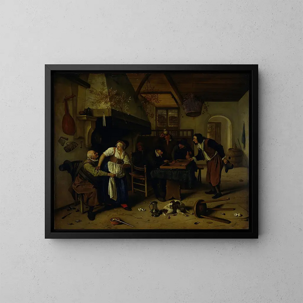 Sisämaalaus majatalosta vanhuksen hauskanpitoon talon emännän kanssa ja kahden miehen backgammon-peliin, joka tunnetaan nimellä Kaksi erilaista peliä - Jan Steen — kehystetty taideteos seinällä