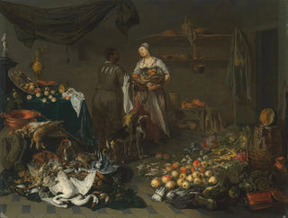 Jan Van Kessel The Elder - A kitchen interior with a maid and a servant conversing.webp