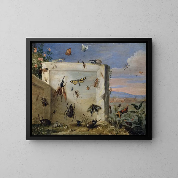 Insectes sur une dalle de pierre - Jan van Kessel l'Ancien — kehystetty taideteos seinällä