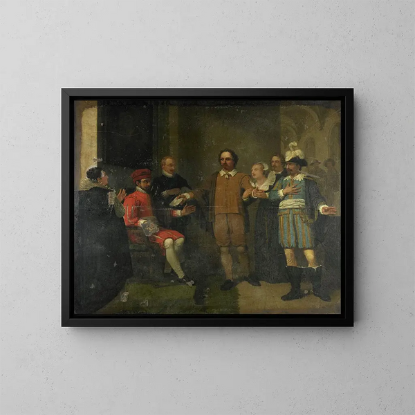 Jacob Simonsz de Rijk vakuuttamassa espanjalaista kenraali Requesensia vapauttamaan Marnix van Sint Aldegonde 1575 - Jan Willem Pieneman — kehystetty taideteos seinällä