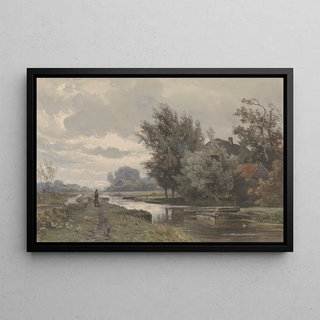 Jan Willem van Borselen - Herder met schapen bij boerderij aan water.webp