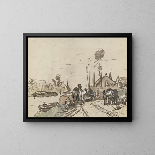 Le déchargement de chariots au bord d'un canal - Jan van Essen — kehystetty taideteos seinällä