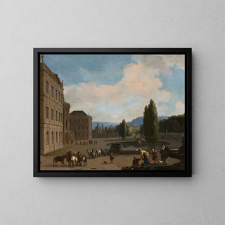 Jan van Huchtenburg - Palace courtyard with a fountains a carriage and people.webp
