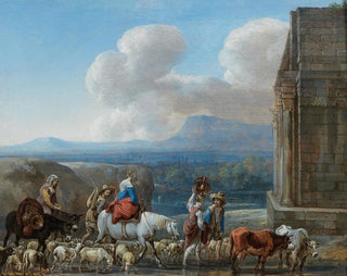 Bergers et voyageurs près d'un arc de triomphe dans la Campagne romaine - Jan van den Hecke — näkymä teoksesta